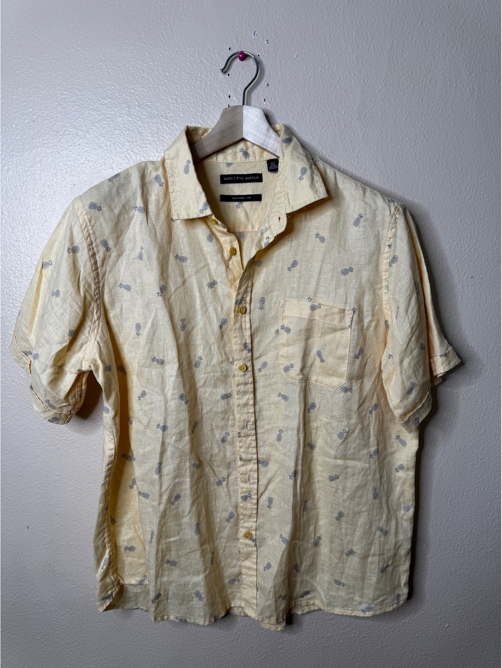 Saks Fifth Avenue Men’s XL Yellow 100% Linen Pineapple Print Short Sleeve Shirt